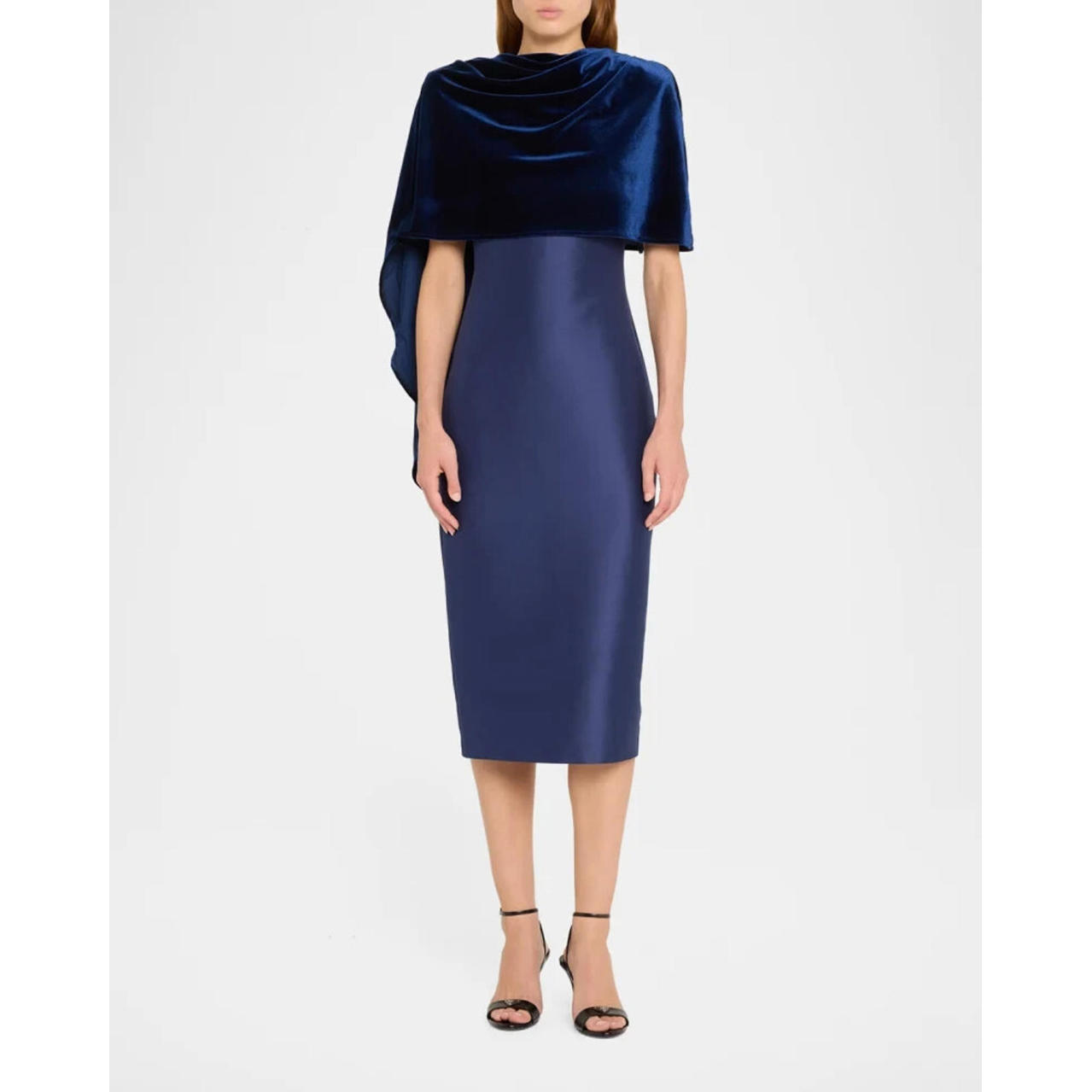 Badgley Mischka Velvet Wrap Midi Sheath Dress Navy Sz 4 Modest $750 Cocktail